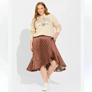 Torrid Midi Stretch Brown Satin Polka Dot Hi-Low Ruffle Skirt Womens Size 1X